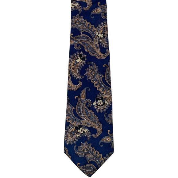 Vintage Mens Mickey & Co Necktie Navy Blue Paisley Disney Mickey Mouse Silk Tie - Picture 1 of 4